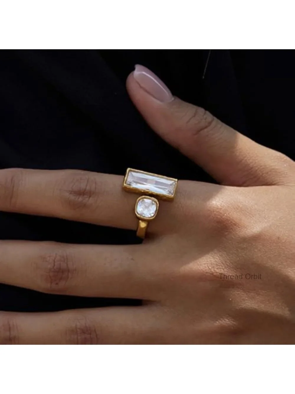 Square Cubic Zirconia Gold-Tone Statement Ring Hypoallergenic Stainless Steel